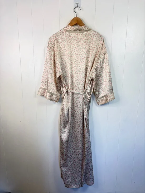 Vintage Cream Pink Rose Satin Kimono Robe Floral Cottagecore Romantic sz medium - Picture 7 of 11